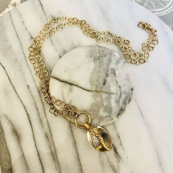 Vintage Wrapped Snake Glass Pendant Necklace Gold Toned Metal Oval Globe Egg - Picture 1 of 8